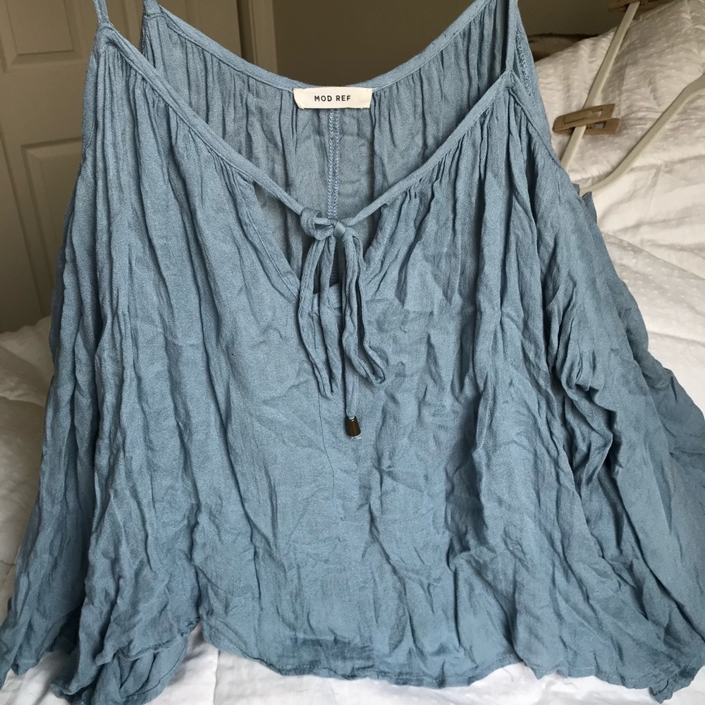 Blue Ash colored blouse. Flowy & cold shoulder